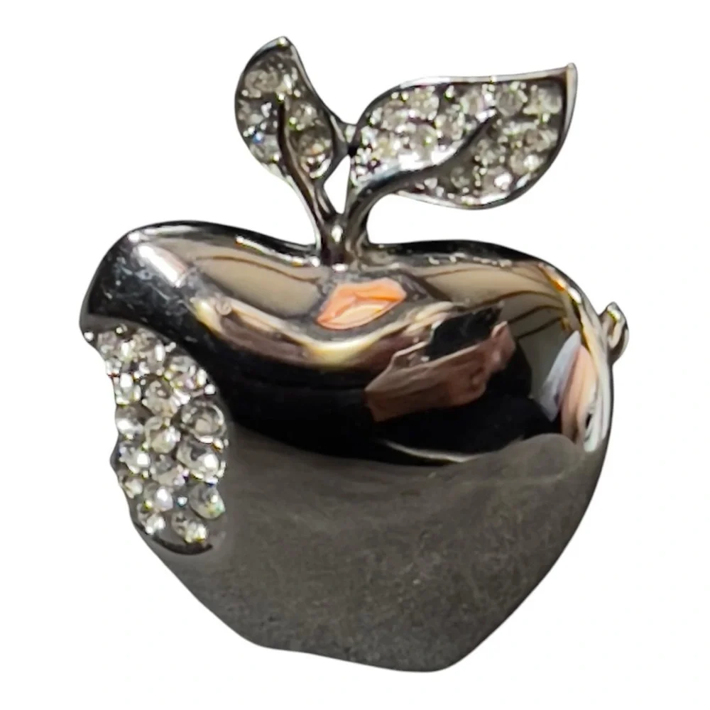 Silver and Rhinestone Apple Brooch - Picture 2 of 7